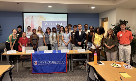 Elon University students pose with faculty and staff during a visit to American University’s School of Public Affairs in Washington, D.C.